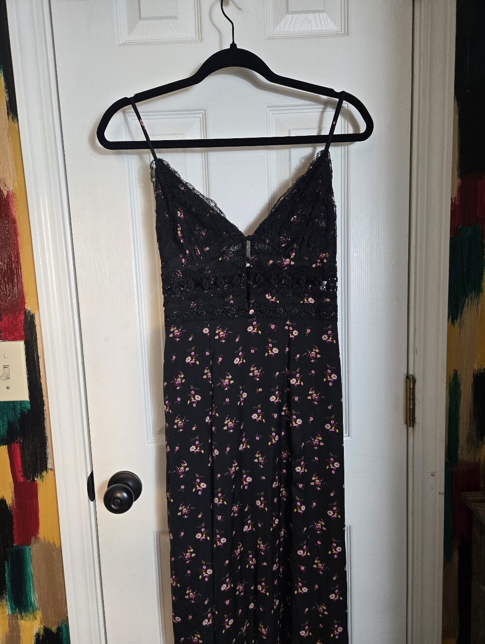 Intimately Free People Black Floral Maxi Dress With Thigh Split Lace Detail